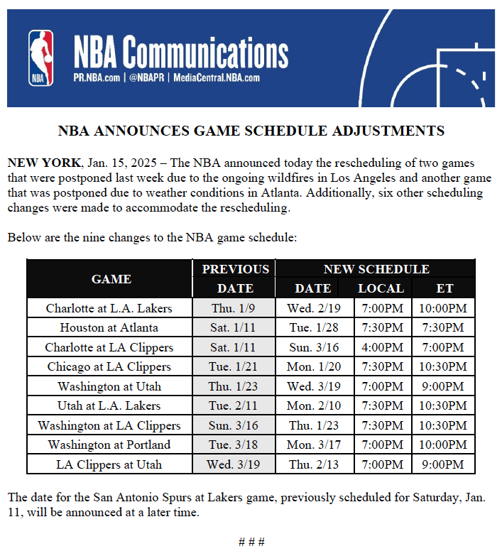 NBA官宣延期比赛补赛时间：共计9场做出调整 湖人vs马星空体育平台刺仍待定(图2)