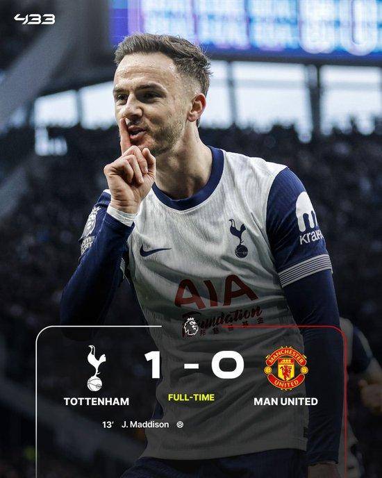 英超联赛免费高清直播+实时赛程+积分预测（2025赛季全覆盖）英超第25轮：曼联客场0-1不敌热刺麦迪逊制胜球助热刺单赛季三杀曼联