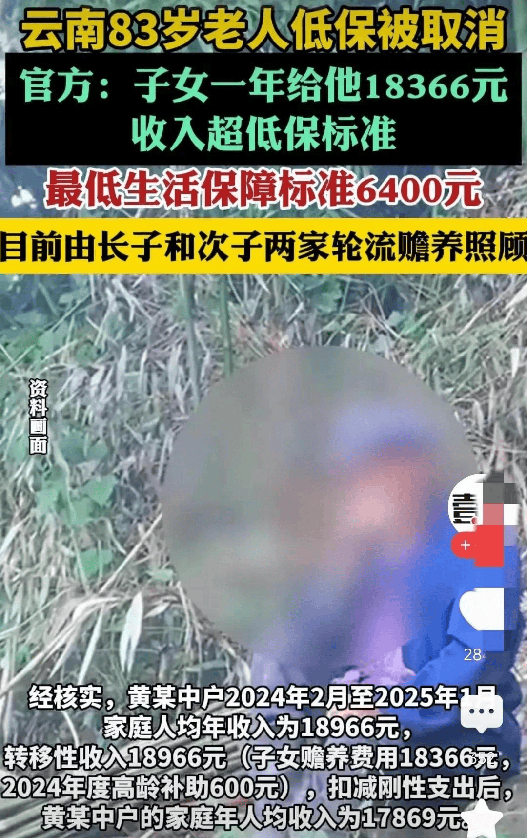 闹大了！云南83岁老人低保被取消，只因子女一年给了1万8赡养费。