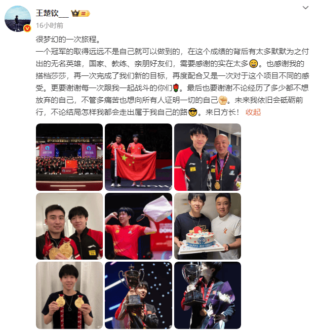 王楚钦总结世乒赛：感谢搭档莎莎 我会走出属于自己的路