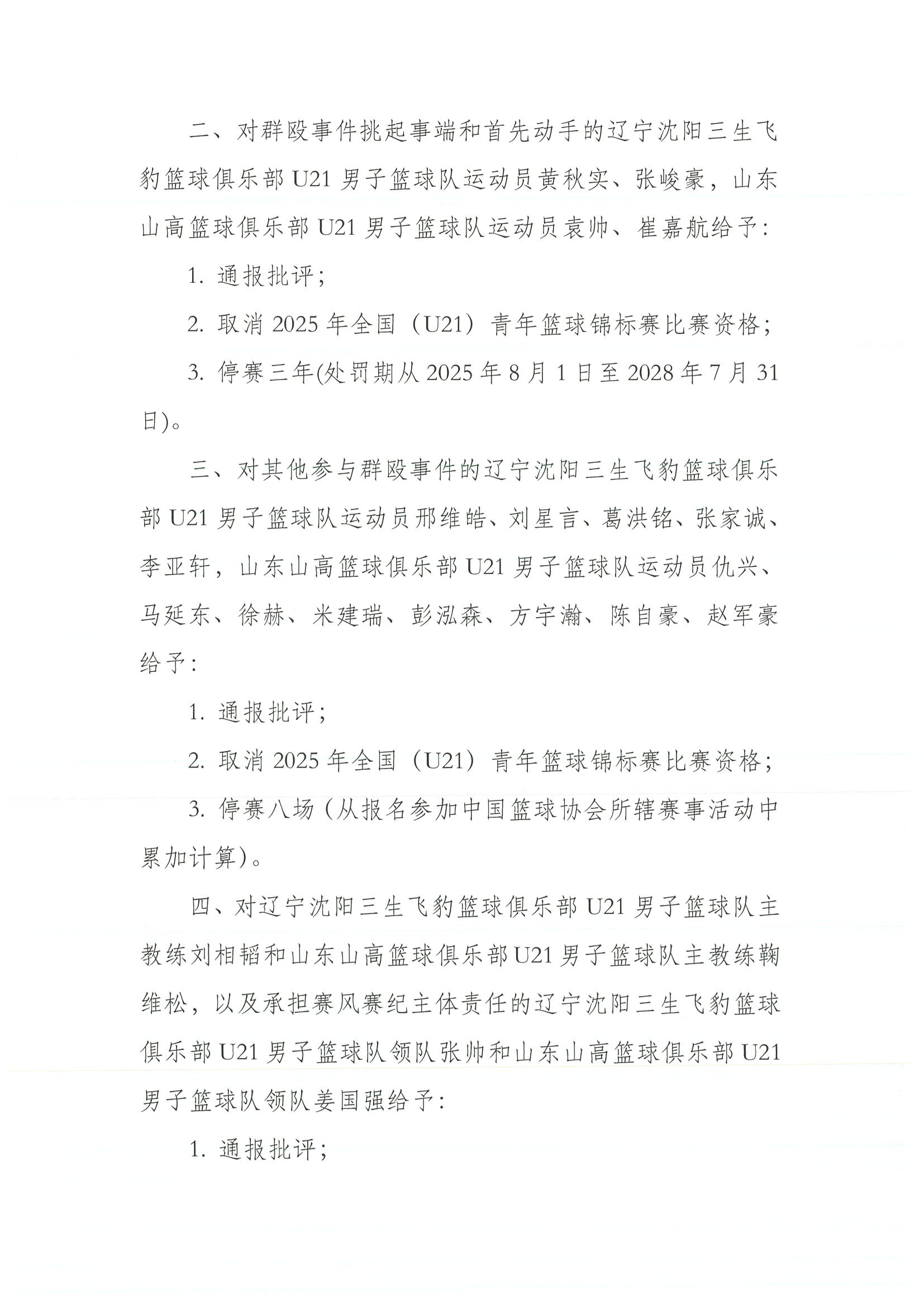 辽宁山东U21处罚结果:4人被停赛三年 取消两队比赛资格