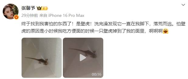 张馨予洗完澡被壁虎吓得落荒而逃！曝光浴室照直呼“害怕”