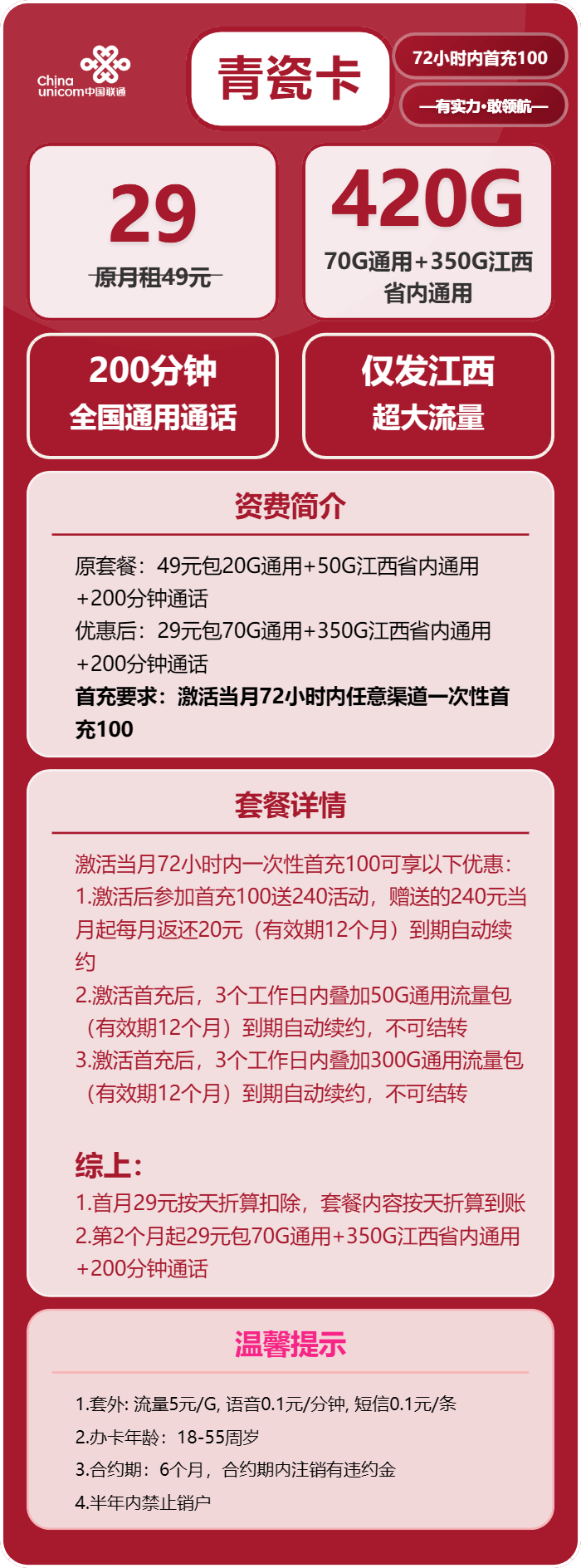 江西专享！联通青瓷卡 29 元  月享 420G 流量 + 