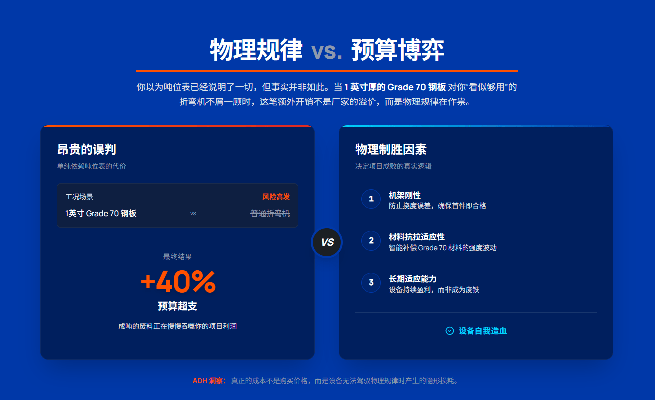 “锅炉板税”：为什么这台设备比你预期贵出 40%你以为吨位表已经说明了一切。事实并非如此。锅炉板的弯曲行为与普通低碳钢完全不同——第一次看到 1 英寸厚的 70 级钢板对你“看似足够”的折弯机不屑一顾时，你就会明白，为什么那么多项目在第一道焊缝之前，成本就已经超支 40%。这笔额外支出不是溢价，而是物理规律的必然结果。机架刚性、材料抗拉强度的波动，以及长期适应能力，决定了一台设备究竟是在为你持续创