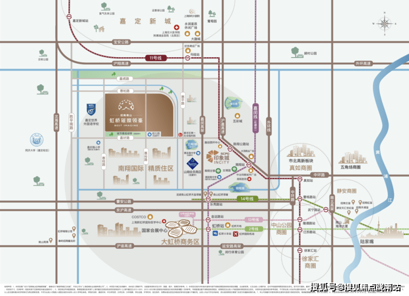 經嘉閔線4站抵虹橋樞紐,換乘機場線(在建)速抵浦東國際機場,暢達