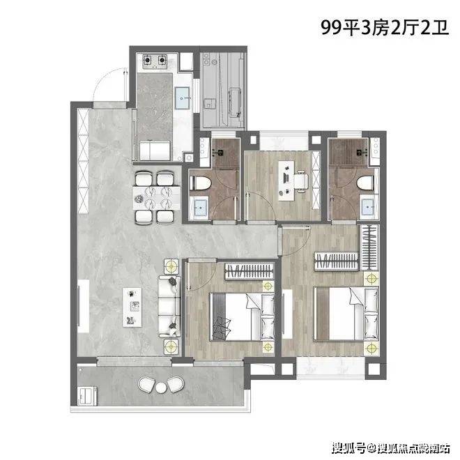 建面約99㎡3室2廳2衛戶型圖(過程稿)②再來看項目建面約114㎡3房2廳