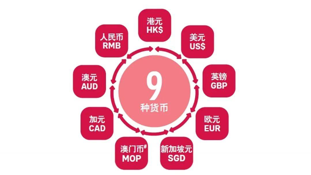 可转换货币包括人民币,港元,美元,英镑,欧元,新加坡元,澳门币,加元