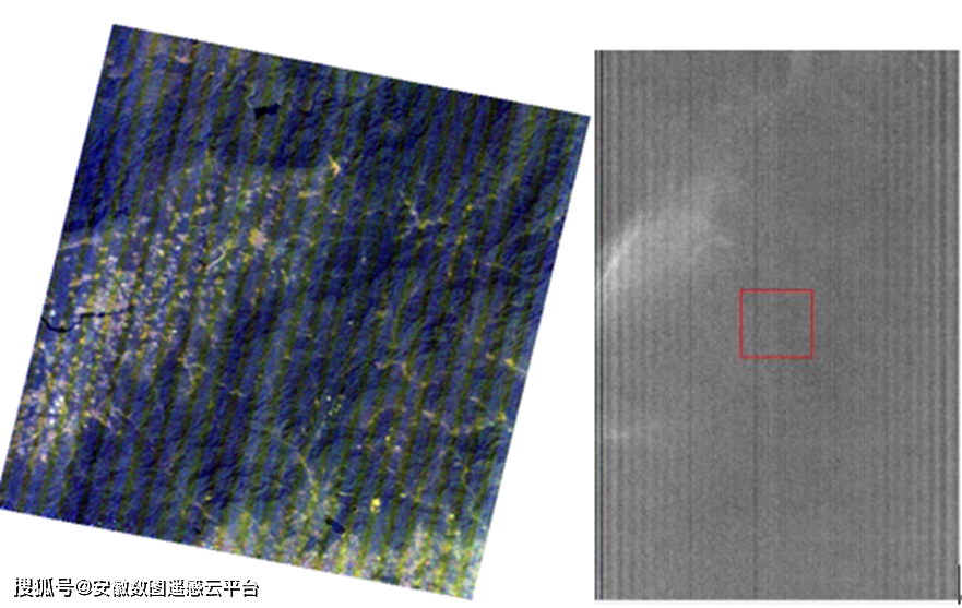 图:高光谱图像的条带噪声(左-hj-1a,右-hyperion l1r)图像分析高光谱