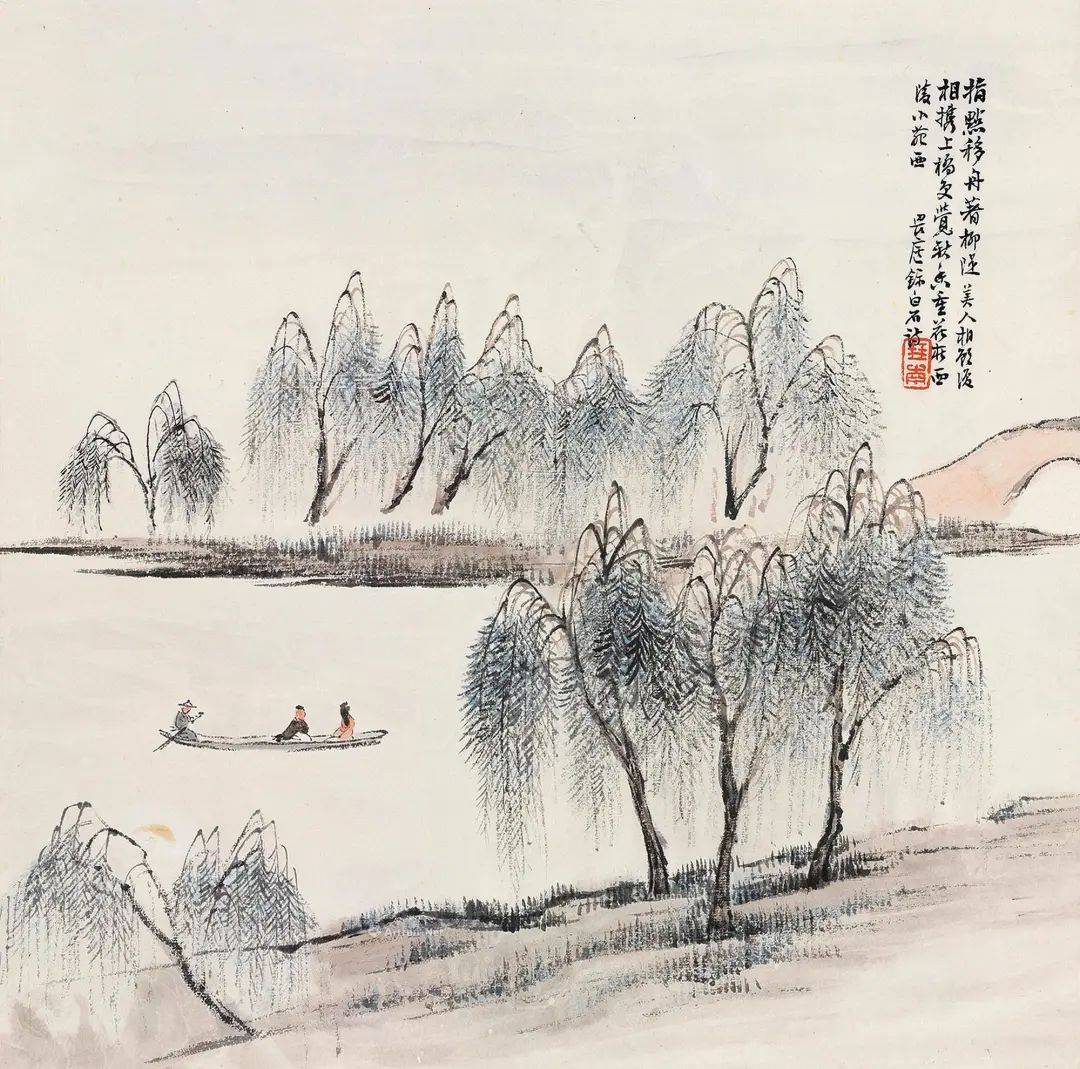 译文堤上踏青赏春的人随着画船行走,春水碧波荡漾,不断击打着堤岸