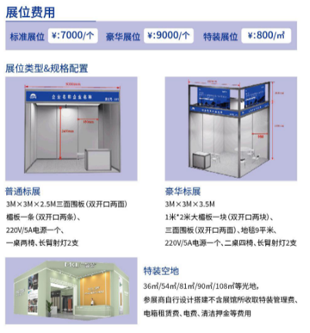 标准展位配置:标准楣板二条(单开口一条),背板二面★ 豪华标展配置