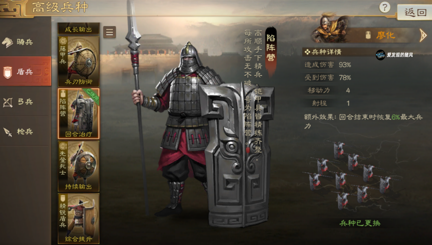 进攻型的盾兵基本都可以用虎卫军,回合结束时【造成伤害】提升3.