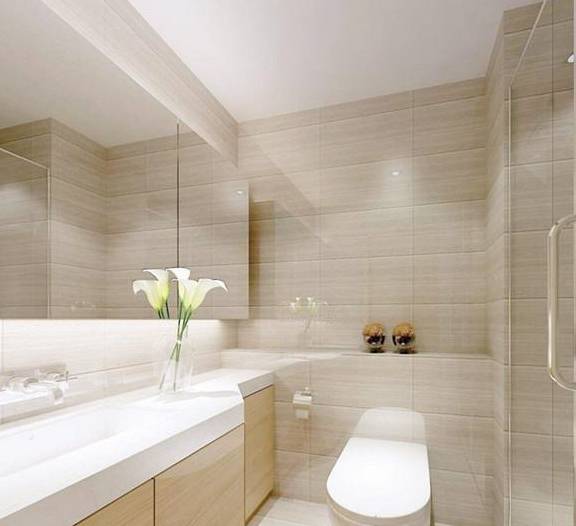 但作为十足懒人的我最终选择了暖色瓷砖铺贴的卫生间