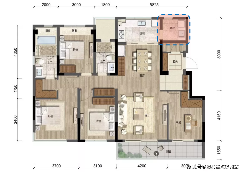 杭州万科·大溪谷,约139㎡洋房,四房 双卫 家政间,四开间朝南,约12.