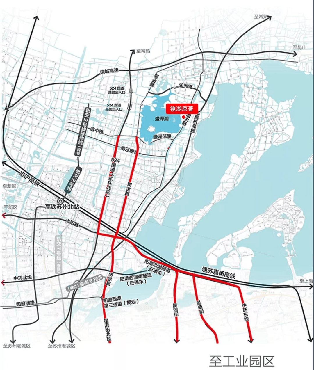 只有一条兴太路,然后可以转接到其他快速路上,我试过从园区湖东驱车