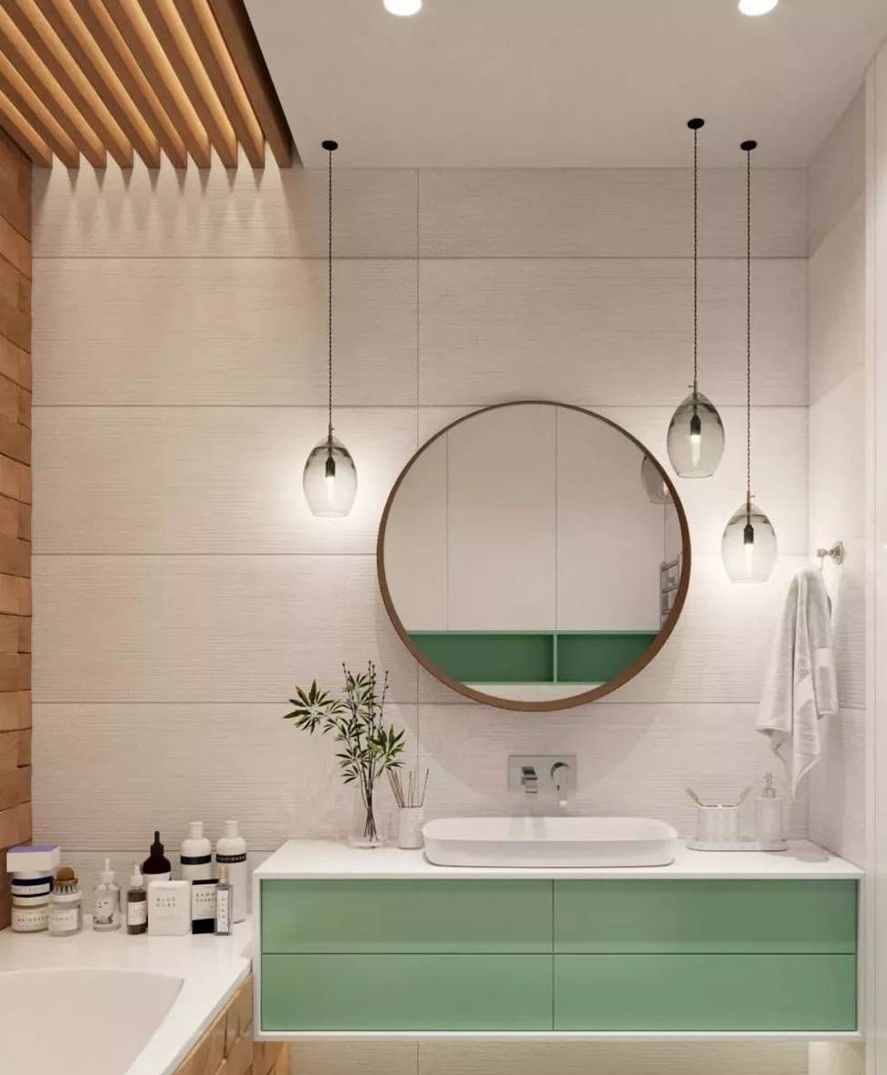 这款卫生间,可以用精致漂亮来形容了,颜色搭配清新,各类饰品造型简洁