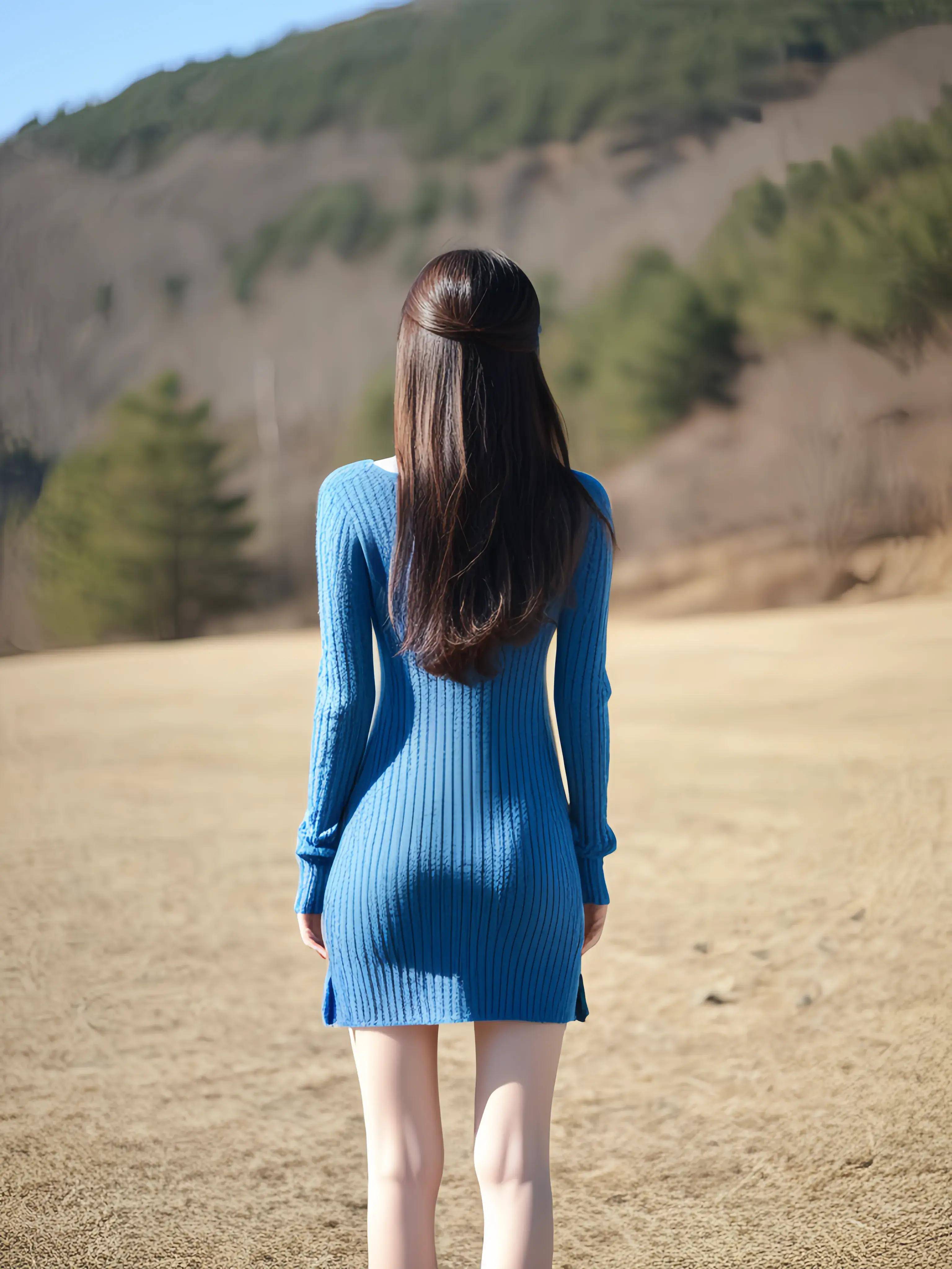 背影如画:蓝色针织裙下的女神风情