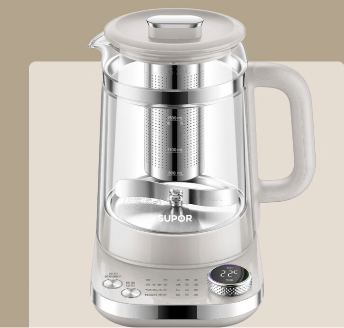 苏泊尔这款多功能烧水壶是常见的纯色设计,简约大气,以白色为基底调