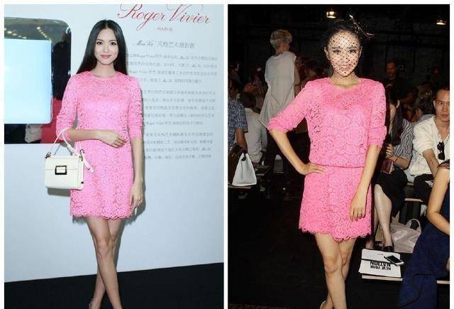 同样的一件粉红连衣裙,作为世界小姐冠军的张梓琳,高挑的身材再加上