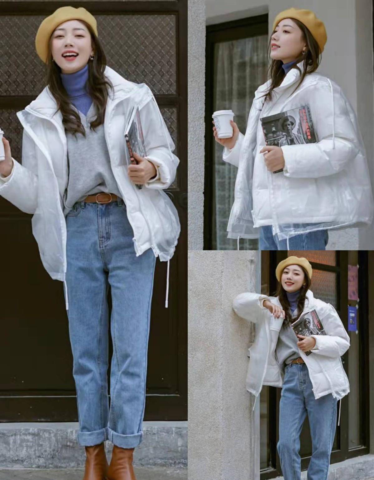 简单地搭配一个条蓝色的牛仔裤后,也很素净雅致.