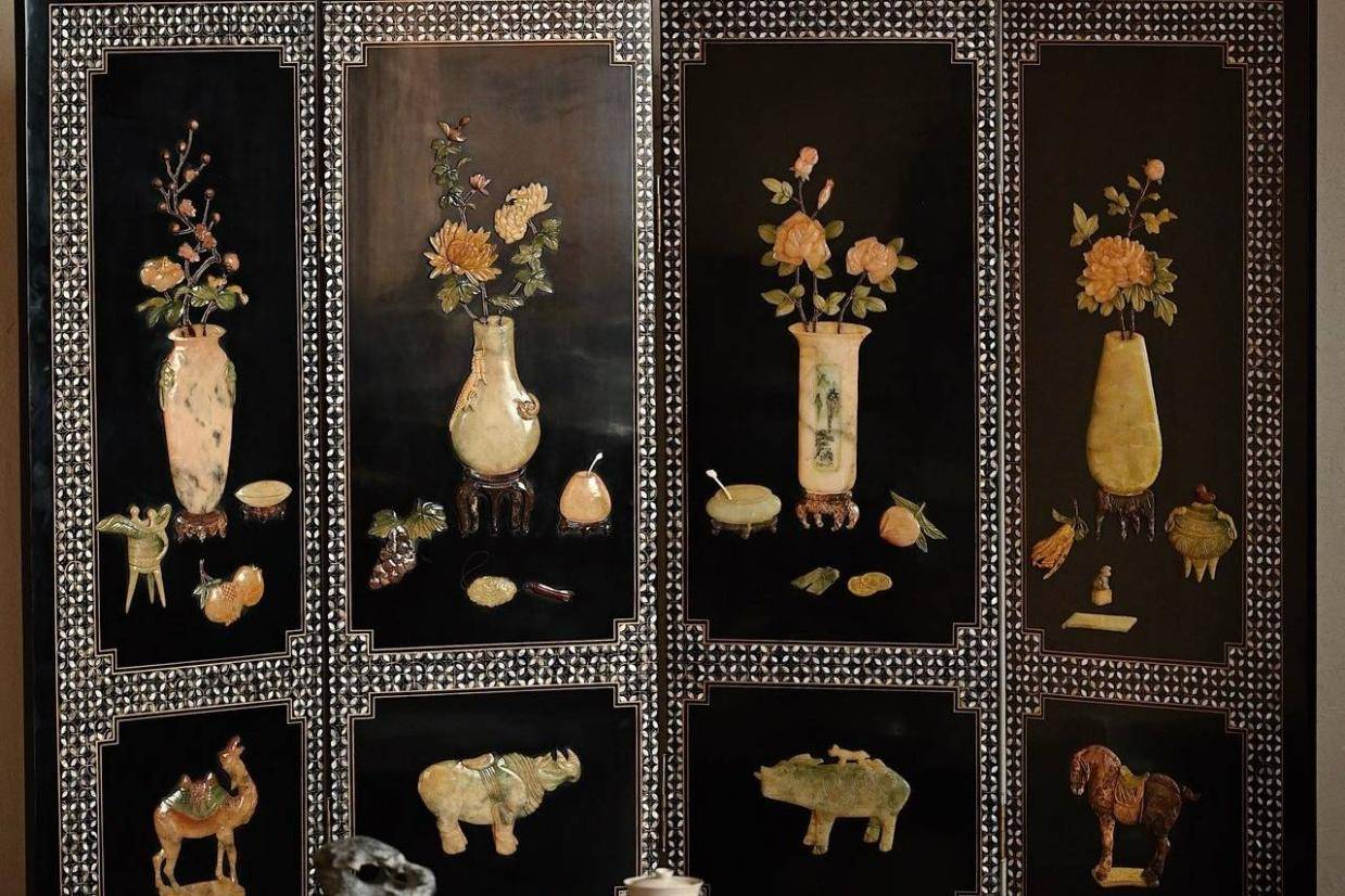 清居古韵，瓶花博古，百宝嵌屏风_空间_玉石_中国