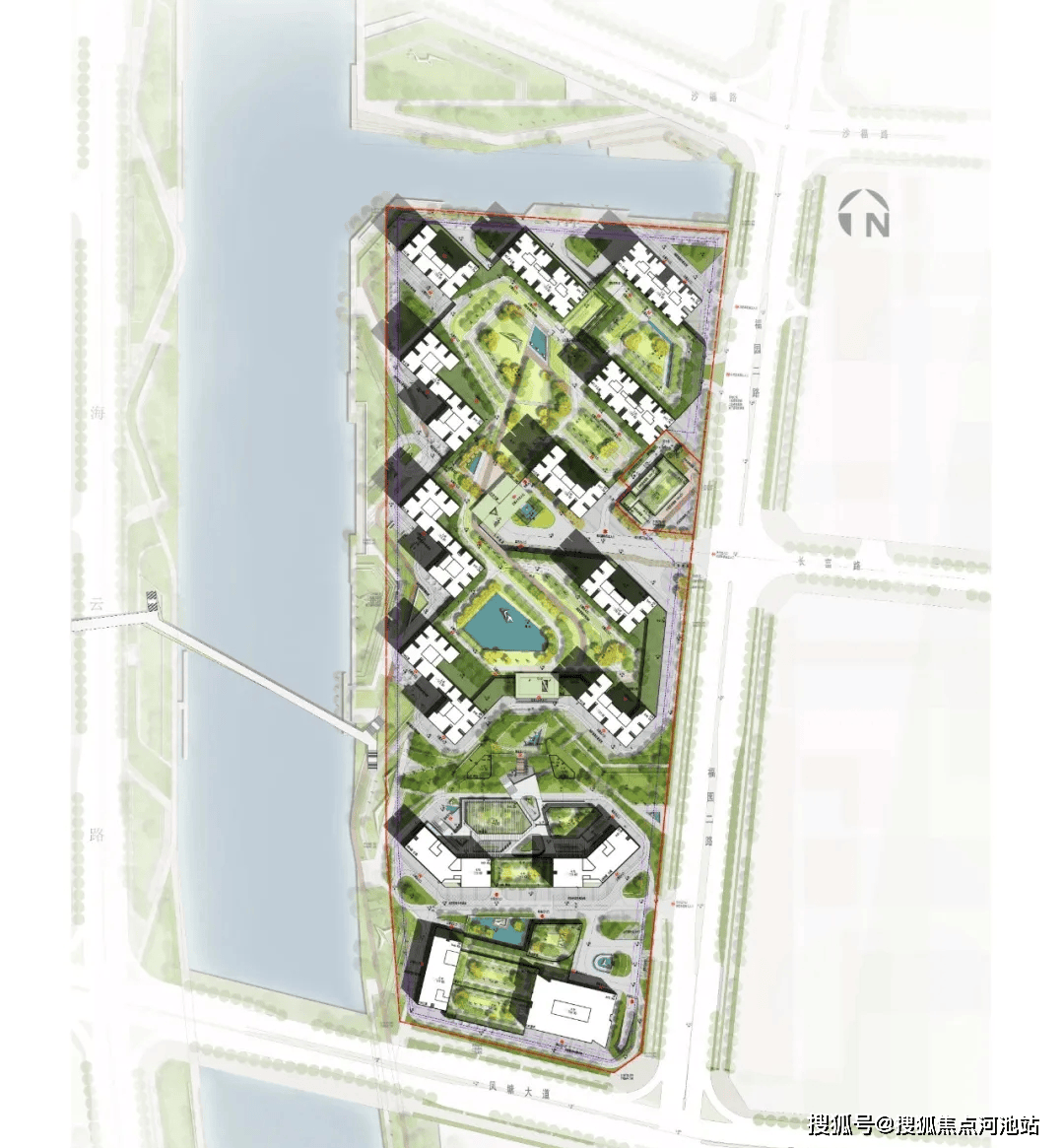 架空半公共空间会展湾东城规划平面图如下:在正对会展北站视线通廊下