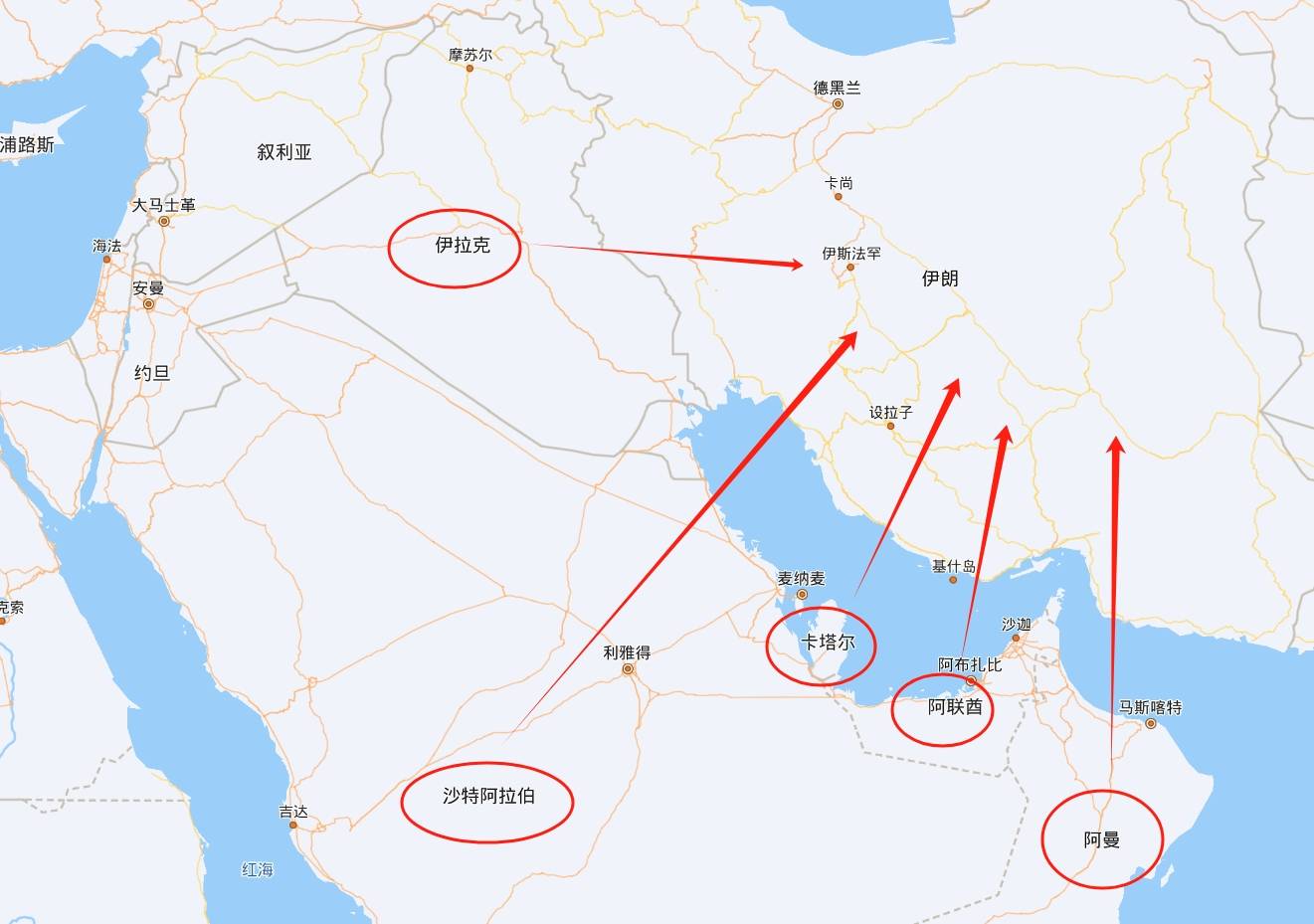 环顾四周,伊朗的邻国特别是卡塔尔,阿曼,阿联酋,科威特,巴林以及