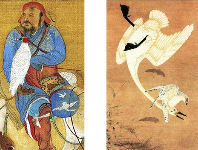 另外,出猎图中白海青头戴红色鹰帽,甚为突显.