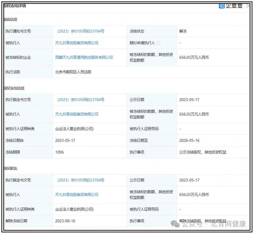 天九共享控股集团所持子公司股权累计超2832万元被冻结(图3)
