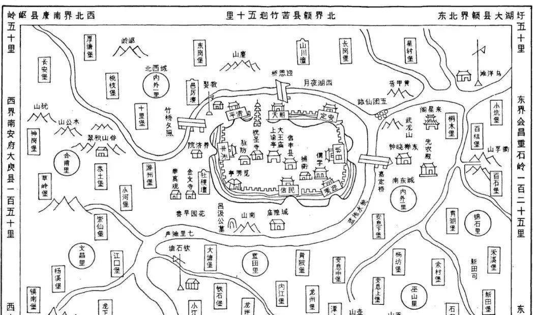 (信丰县古地图)地理特征,名胜古迹和土特产品等方面的照片48幅,以及