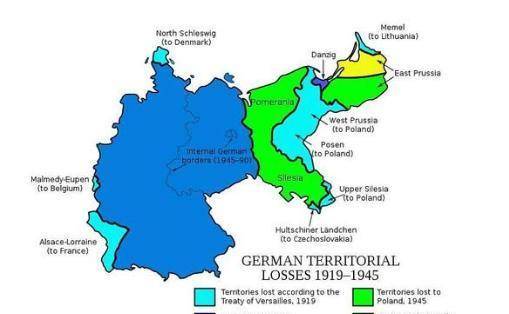 蓝色是现在的德国,浅蓝色是1919年一战失败割让的土地,绿色是二战后