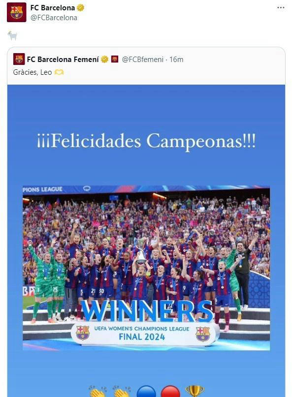 梅西在instagram上发表祝贺的同时附上五个emoji表情,包括两个鼓掌