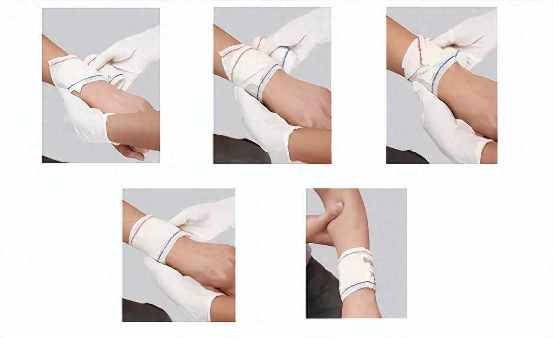 环绕后,将绷带斜出的小角反折,再环绕4