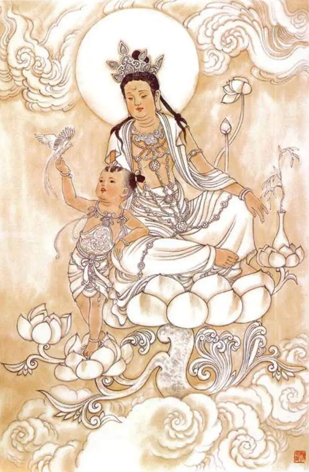 这组带善财童子的观音,仁慈柔美!