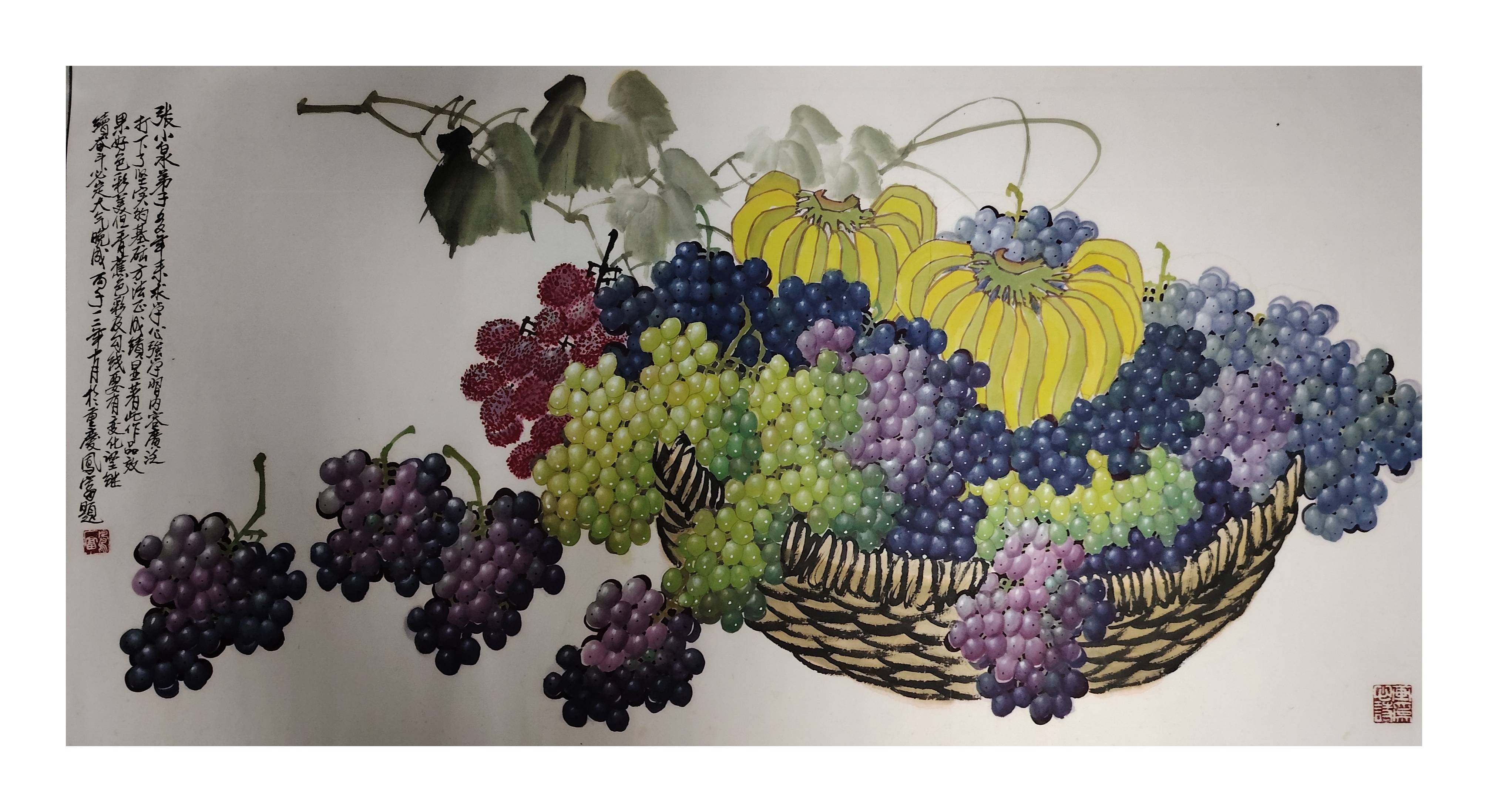 成功地把葡萄的鲜活灵动以及秋天丰收的浓郁氛围栩栩如