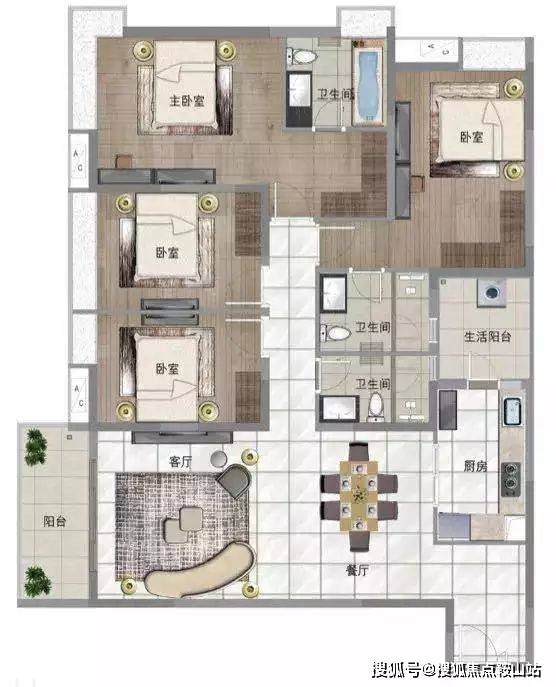 新世界云逸171㎡四房户型图公共空间的生活动线,同样充满了巧妙的"