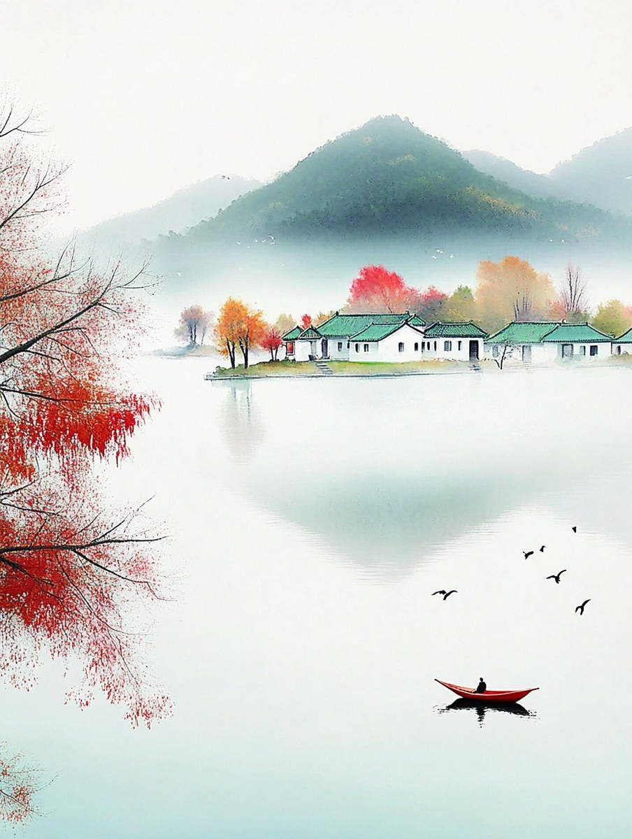 远山近湖红叶舟,简约明快绘乡村四景!