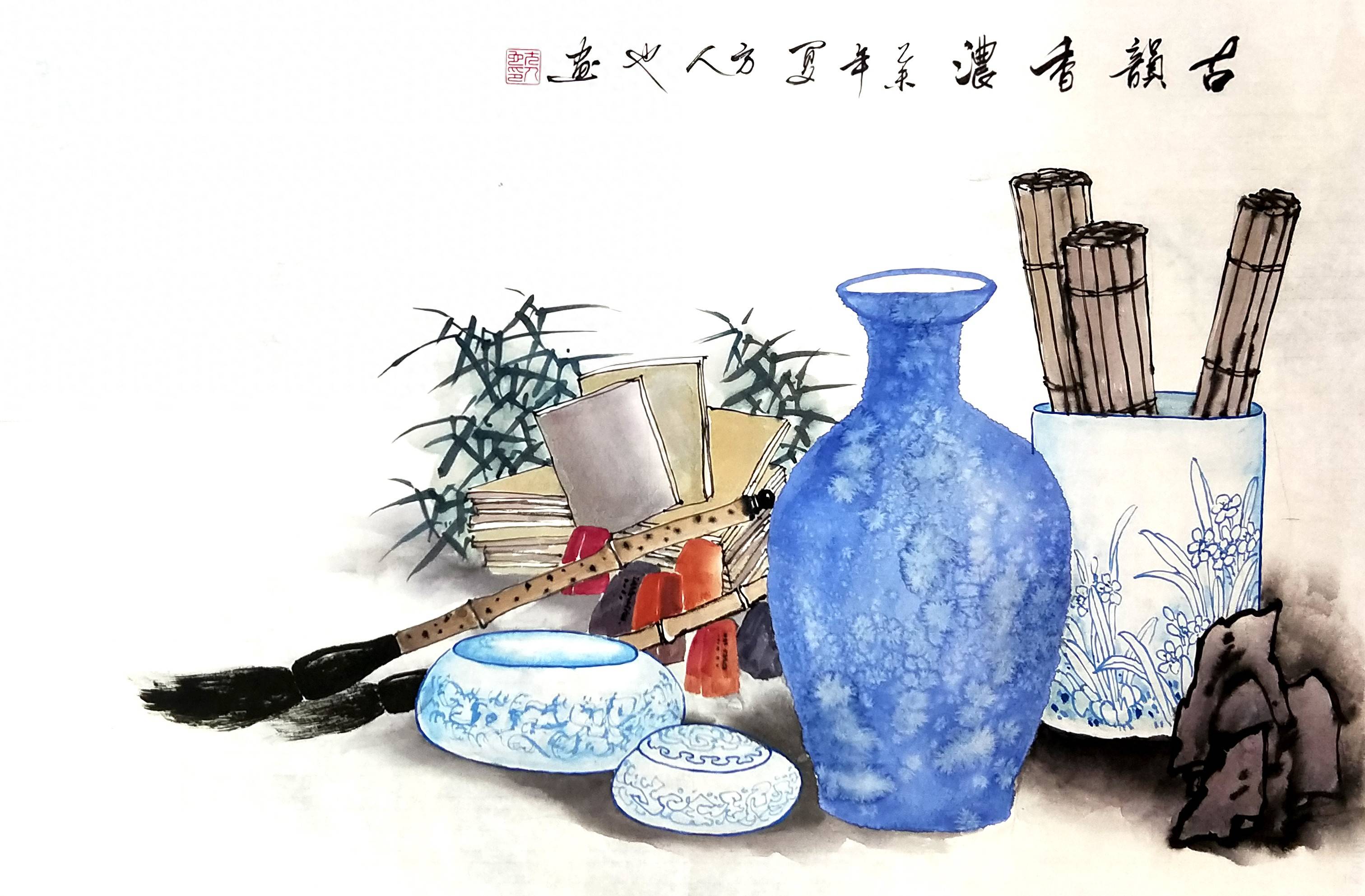 谈方人也国画中青花瓷作品