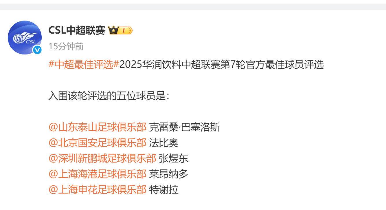 中超第7轮最佳球员评选：四大豪门球星齐聚，谁将摘得MVP桂冠？