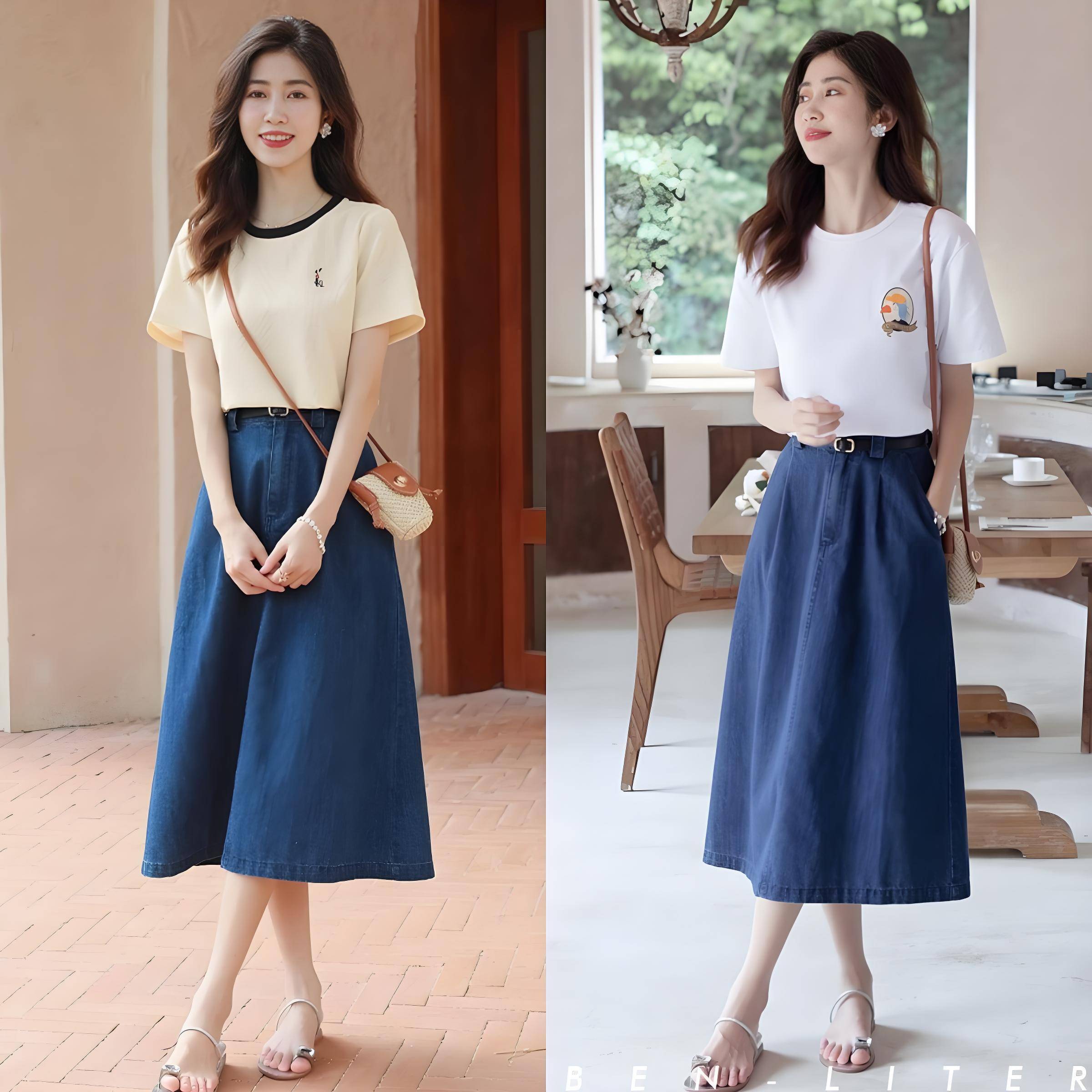 中年女人必备夏装,t恤 膝下裙,洋气百搭显瘦