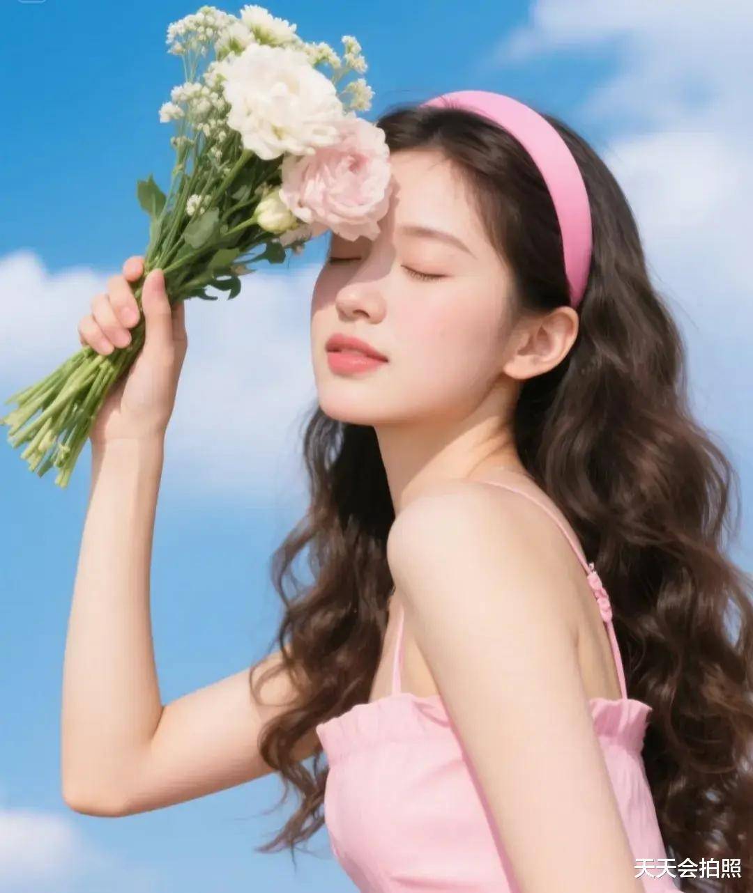 手捧鲜花,对着天空拍照,9个动作!漂亮又上镜,宛如阳光美少女