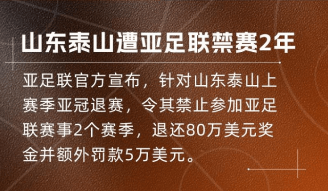 山东泰山遭亚足联重罚！禁赛2年+639万损失，3大连锁反应引担忧