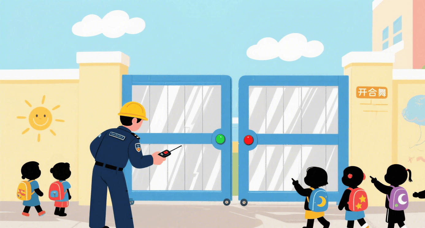 每日一笑:幼儿园保安开大门笑到偏,遥控按错键,电动门反复开关,像在跳