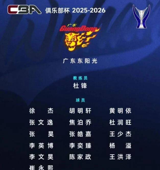 广东队俱乐部杯大名单公布！杜锋携16人阵容备战 多名新秀蓄势待发