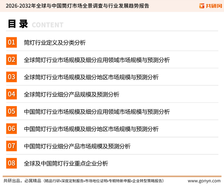 为确保筒灯行业数据精准性以及内容的可参考价值，共研产业研究院团队通过上市公司年报、厂家调研、经销商座谈、专家验证等多渠道开展数据采集工作，并运用共研自主建立的产业分析模型，结合市场、行业和厂商进行深度剖析，能够反映当前市场现状、热点、动态及未来趋势，使从业者能够从多种维度、多个侧面综合了解当前筒灯行业的发展态势。