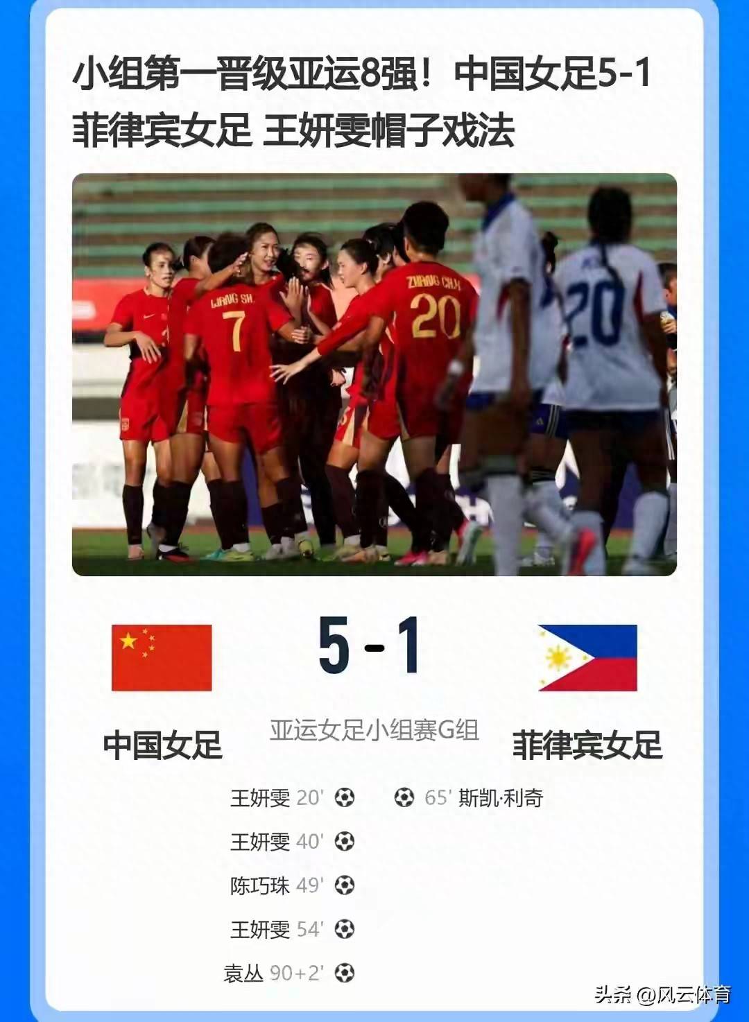 喜讯！中国女足5‑1菲律宾！评分：2人满分，4人优秀，3人不及格
