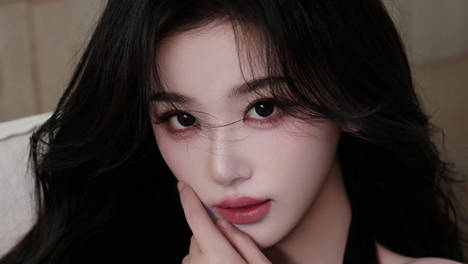 孔雪儿黑色挂脖纱裙搭配长卷发 抬手撩发慵懒柔媚