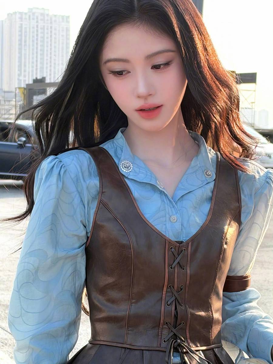 鞠婧祎身穿蓝色泡泡袖化身公主 长发及腰俏皮灵动
