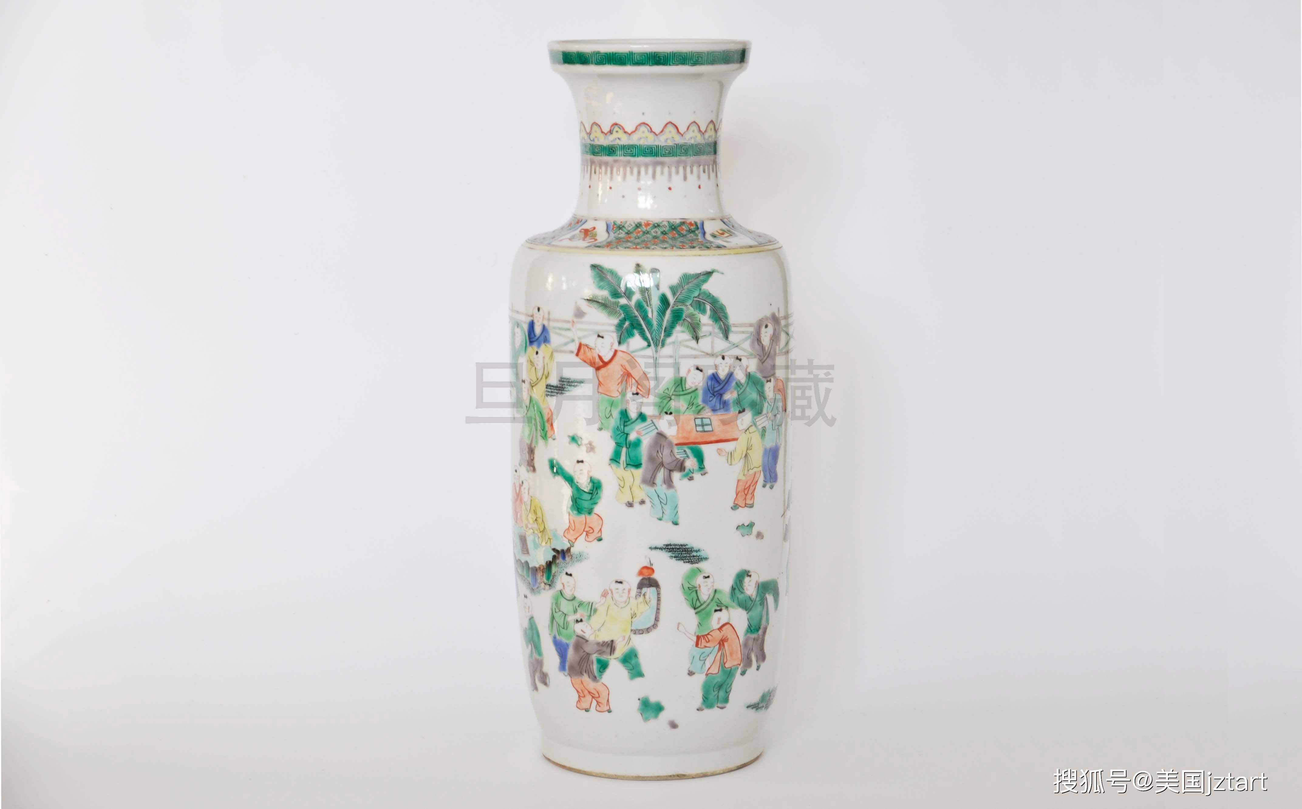 百子嬉春/旦月阁珍藏清康熙五彩百子图纹棒槌瓶_儿童_多子多孙_愿望