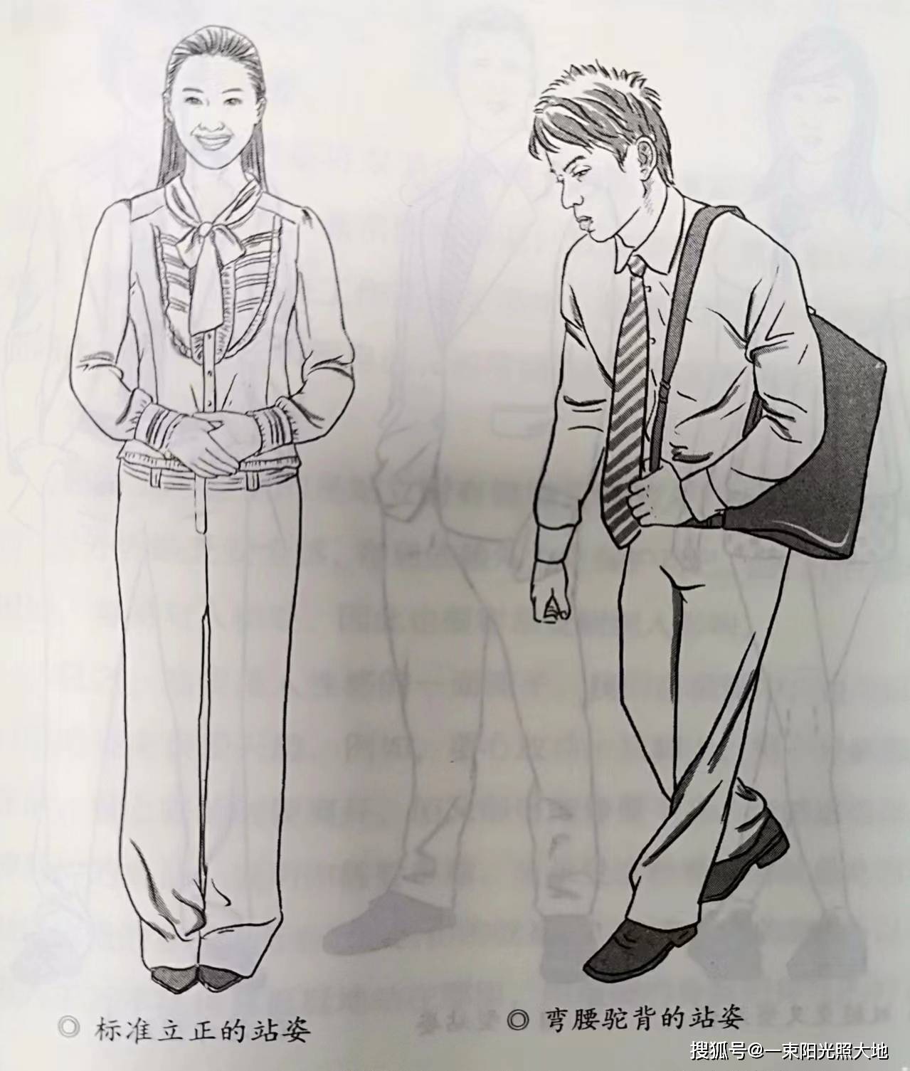 与标准立正站姿形成鲜明对比的是弯腰驼背的站姿.