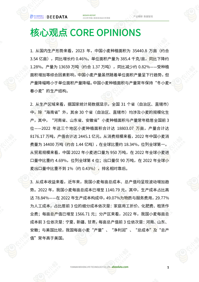 2024年中国小麦成本收益分析简报(附下载)_产量_面积_种植